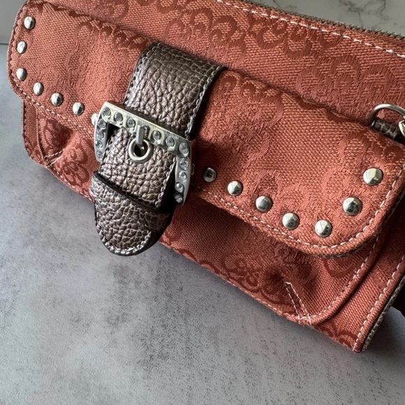 Kathy Van Zeeland Red Jacquard Studded Crossbody Bag Buckle Accent Purse